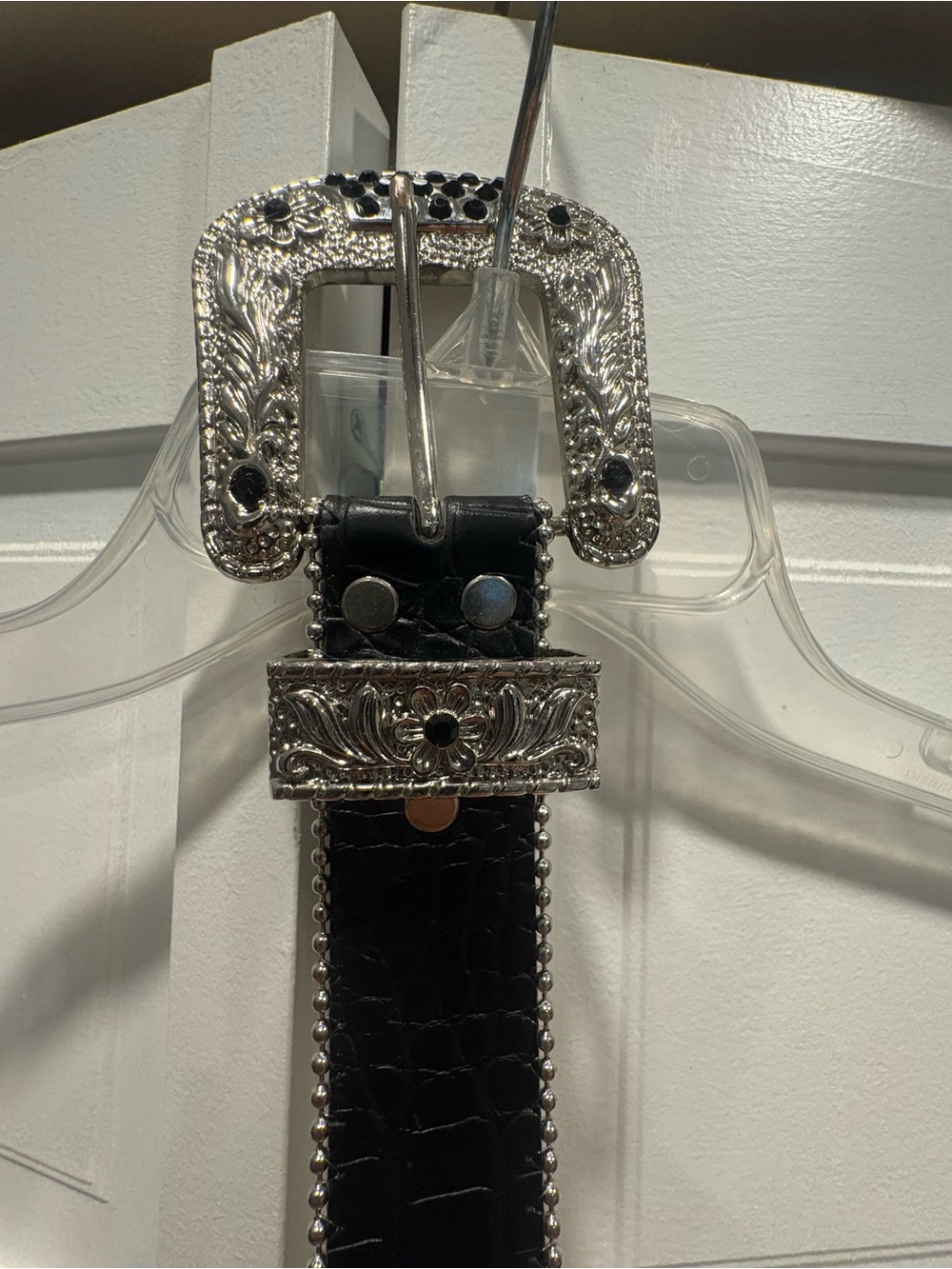 Black Studded Leather Western-Style Belt with Rhinestone Buckle - Picture 7 of 9